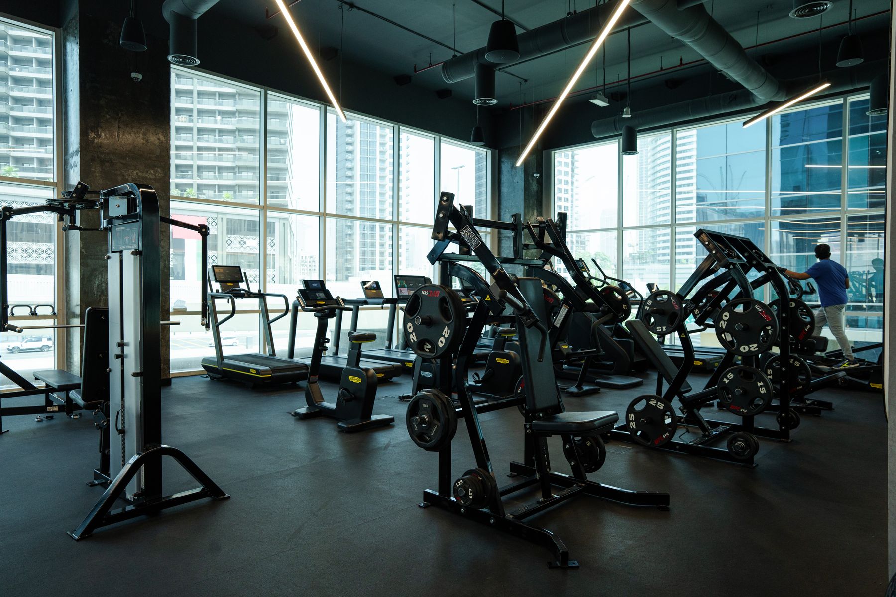 Plate-loaded strength machines by the windows